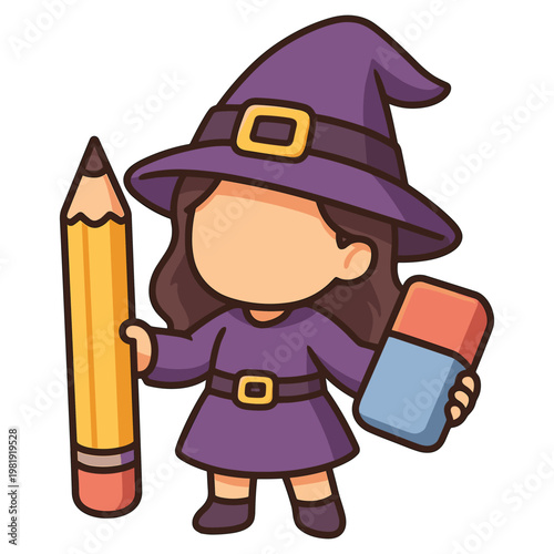 Cartoon witch character holding pencil and eraser