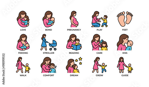 Motherhood icons illustrating caring moments between mother and child