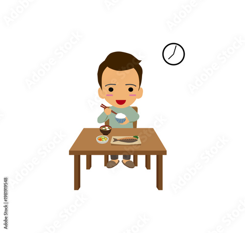 Man eating dinner at home japanese food illustration