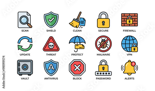 Cybersecurity icons representing threats, protection, and security measures