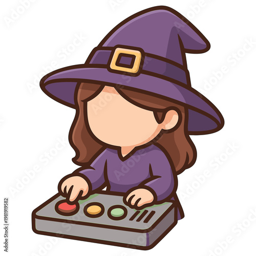Cartoon witch pressing buttons on control panel