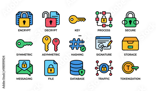 Colorful icons representing various cybersecurity concepts and functions