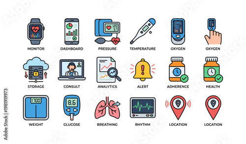 Healthcare technology icons for monitoring, analytics, and health management