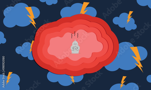 Conceptual illustration of mental health showing a human mind surrounded by storm clouds and lightning, while a calm meditating figure sits inside. Symbolizes anxiety, stress, overthinking and inner p