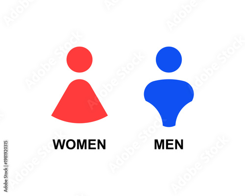 公共施設や店舗向けの男女トイレ標識アイコンセット。赤と青の鮮やかな色使いと丸みのある幾何学的なシルエットが特徴のモダンなジェンダーサイン。案内板、ピクトグラム、ステッカー、ウェブサイトのデザイン素材に最適なベクターイラスト。
