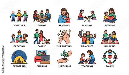 Illustrated family activities depicting togetherness, support, and bonding