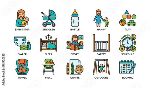 Childcare elements: stroller, bottle, babysitter, safety, play, sleep, schedule, meal, crafts, outdoors