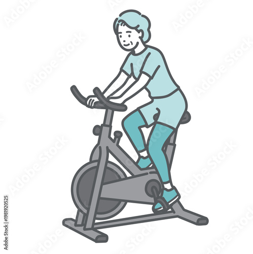 笑顔でフィットネスバイクを漕ぐシニア女性のイラスト