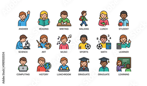 Diverse school subjects and activities with children and teachers illustrations