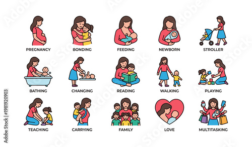 Motherhood stages: diverse activities with children and infants illustrated