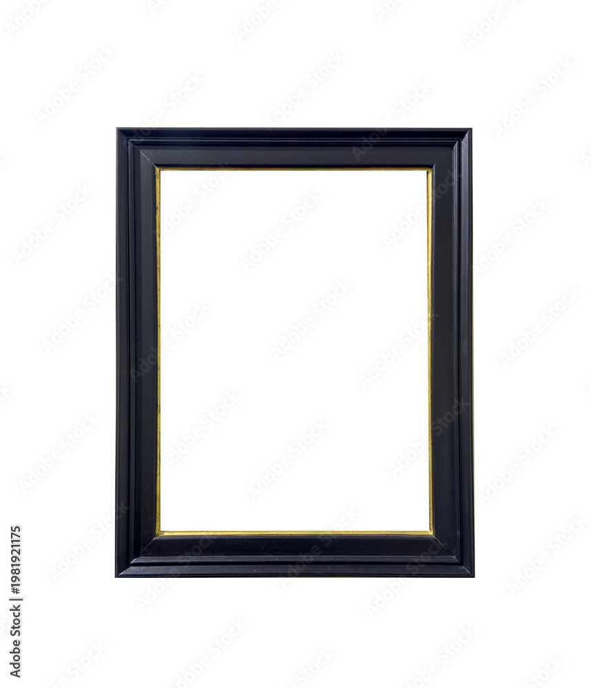Fototapeta premium Black frame hangs on wall with empty blank center. Minimal border design allows inserting artwork into clean template. Mock up concept reflects presentation, interior display, decoration idea.