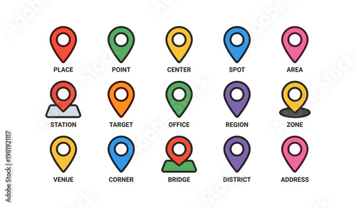 Colorful location icons with map pin symbols