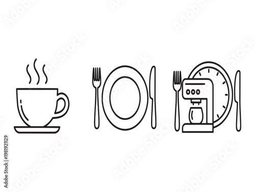 Breakfast or brunch time coffee plate cutlery and timer icon set in black and white