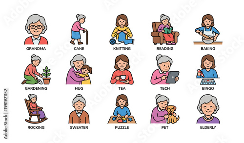 Elderly caucasian female engaging in various activities including knitting and baking