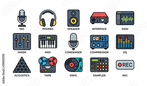 Audio equipment icons: microphone, headphones, speakers, and studio gear