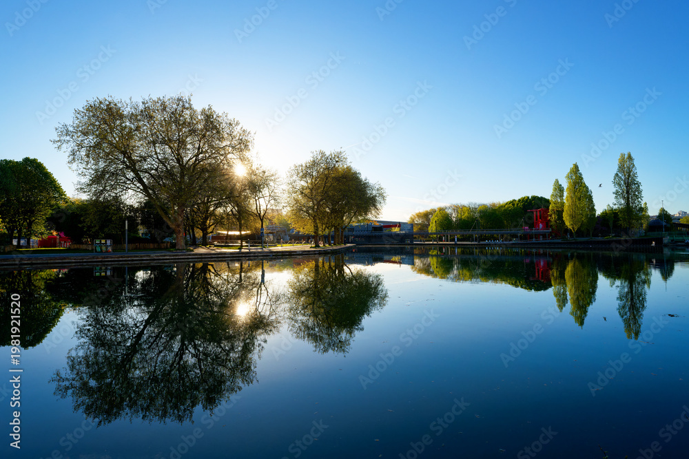 Fototapeta premium The Villette canal basin in Paris city 