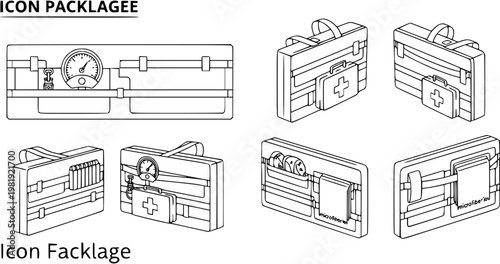 Black and White Line Art Vector Set of Emergency Preparedness, Medical, and Utility Modular Kits and Portable Organizers
