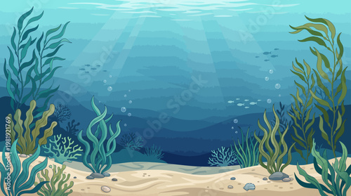 Underwater Ocean Background with Seaweed and Sunlight Rays