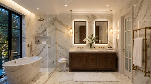 Luxury Master Bathroom Interior Design with White Marble Walls and Floor, Freestanding Oval Bathtub, Double Vanity with Dark Wood Cabinets and Backlit Mirrors