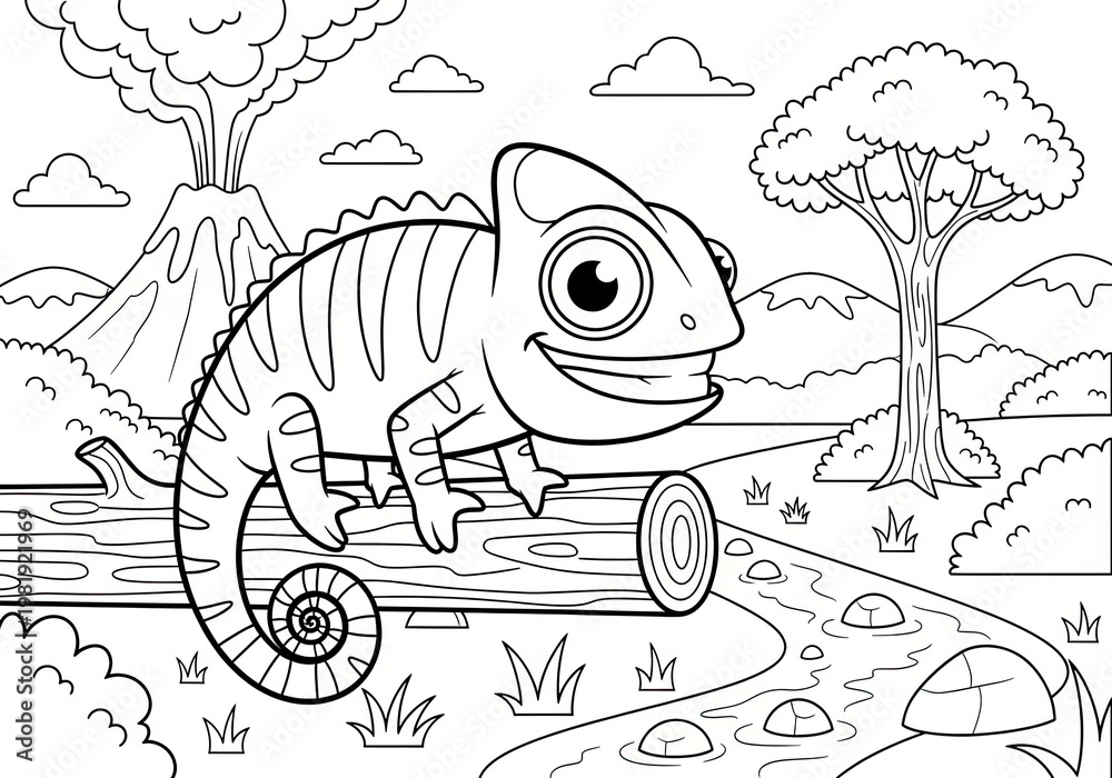 Fototapeta premium Chameleon on log volcano background coloring page