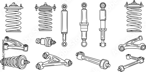 Black and White Line Art Illustration of Automotive Suspension System Components