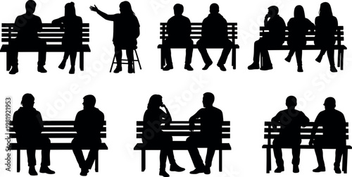 People Sitting on Park Bench Silhouette Set Couple Conversation Outdoor Vector