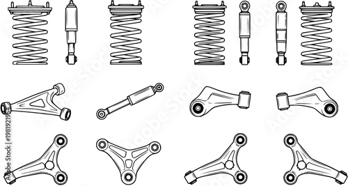 Black and White Line Art Vector of Automotive Suspension Parts: Springs, Shock Absorbers, and Control Arms