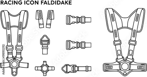 Racing Harness and Buckles Line Art Icon Set for Automotive Safety Equipment. Vector Outline Illustration of Motorsport Seatbelt and Components.