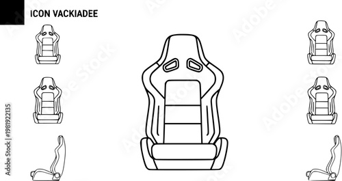 Automotive Racing Sport Car Seats Vector Line Art Icon Set. Outline Black and White Glyph Illustration for Auto Tuning, Interior, and Performance Design Elements.