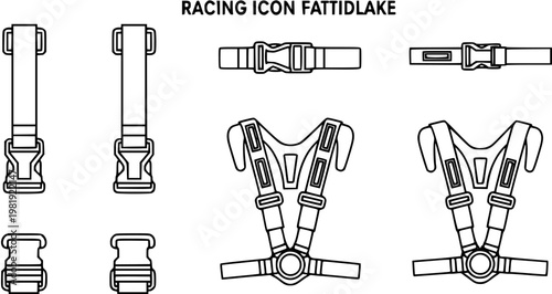 Automotive Racing Harness and Seatbelt Buckle Line Art Icons Set. Motorsport Safety Equipment Vector Glyphs for Car and Driver Protection.