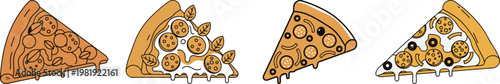 Hand drawn pizza slices vector set, vintage fast food illustrations with melting cheese, 4 delicious pepperoni and olive pizza portions for menu design