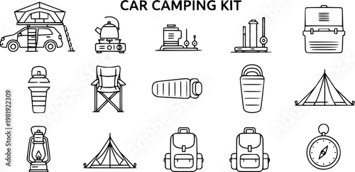 Car Camping Kit Vector Line Icons Set. Outline Stroke Collection of Outdoor Adventure Equipment for Travel and Recreation. Camping Gear Symbols.