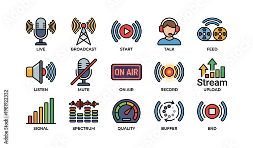 Live broadcast icons: microphone, headphones, audio signals, streaming indicators