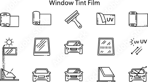 Automotive Window Tint Film Line Art Icons Set for Car Care, UV Protection, and Vehicle Customization Services.