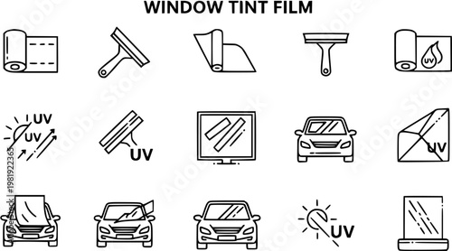 Automotive Window Tint Film Outline Icons Set. Car Glass and Home Window Tinting Black Line Art Collection with Squeegee, UV Protection, and Installation Tools.