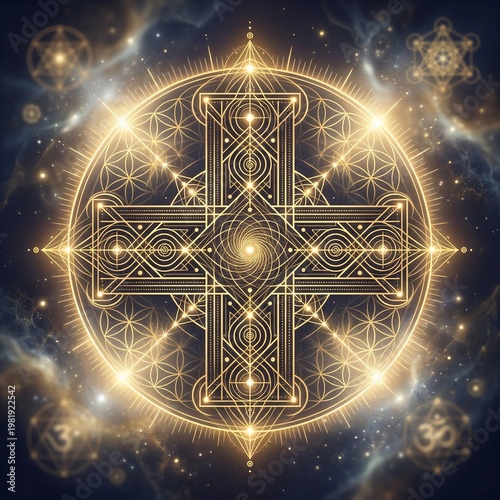 Sacred geometric pattern with cross design and golden accents  