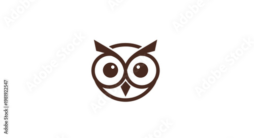Brown flat vector owl icon, round head with eyes and beak on white