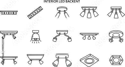 Interior LED Backlight Collection: Line Art Icons of Ceiling and Wall Lights