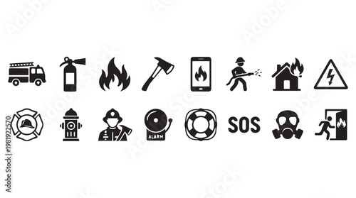 Flat design emergency and safety icons set with fire, medical, police, and disaster symbols on Transparent Background
