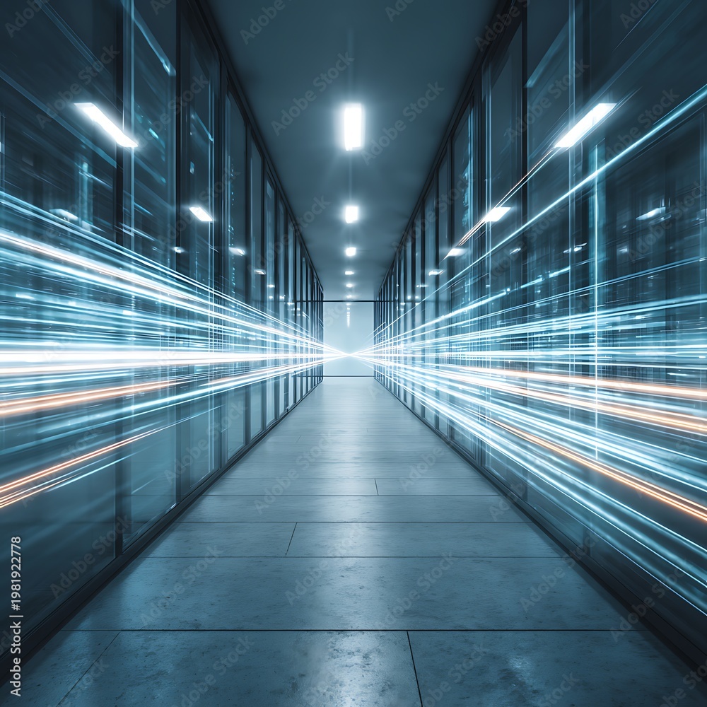 Obraz premium Futuristic Data Center Corridor with High Speed Motion Blur Light Trails Representing Cloud Computing Network Connectivity Digital Transformation and Big Data Storage