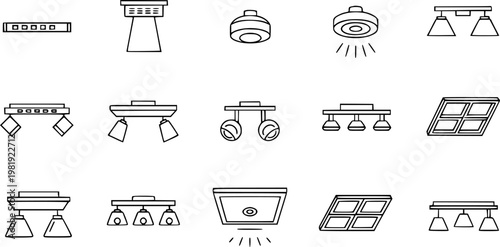 Black and white line art icons of various ceiling lights, including track lights, flush mounts, and pendant fixtures, for interior design and home improvement concepts.