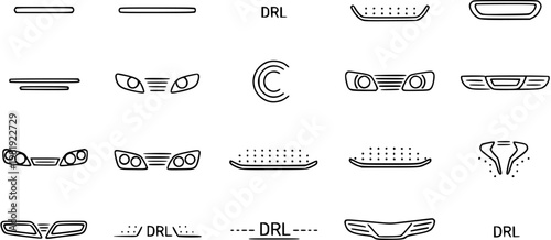 Automotive DRL and Headlight Icons: Black and White Line Art Set