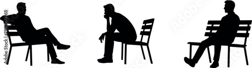 Man Sitting on Chair Bench Silhouette Set Thinking Relaxing Resting Poses Vector Illustration
