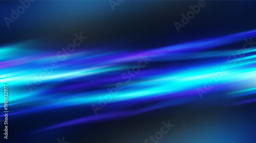 Abstract blue and cyan neon light streaks with grainy noise texture background. Glowing motion blur lines in purple and azure colors for futuristic tech banner or digital design deco