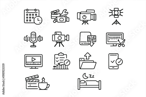 Production Icon Set. Production day routine. Line outline icon set of Production day routine: daily agenda,