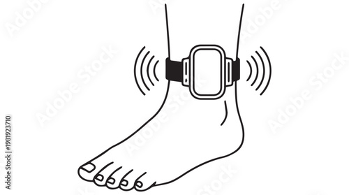 Wireless ankle monitor tracking device on foot isolated line art illustration for security and surveillance