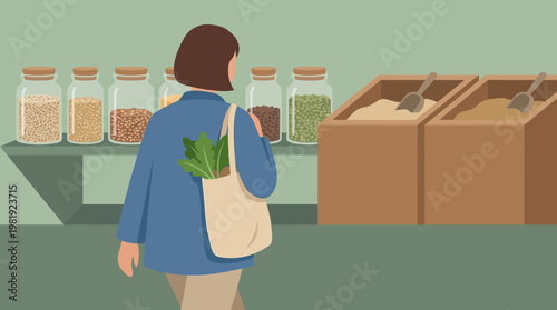 Woman Shopping at Bulk Food Store with Jars and Boxes.