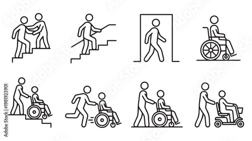 Set of disability and accessibility icons showing diverse mobility aids and inclusive activities