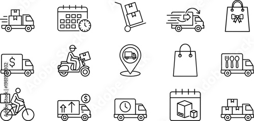 Vector illustration of delivery and logistics icons including trucks, scooters, packages, clocks, shopping bags, and location markers