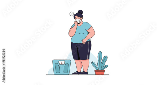 Overweight woman wearing medical face mask standing near weight scales and looking confused about her health and fitness.
